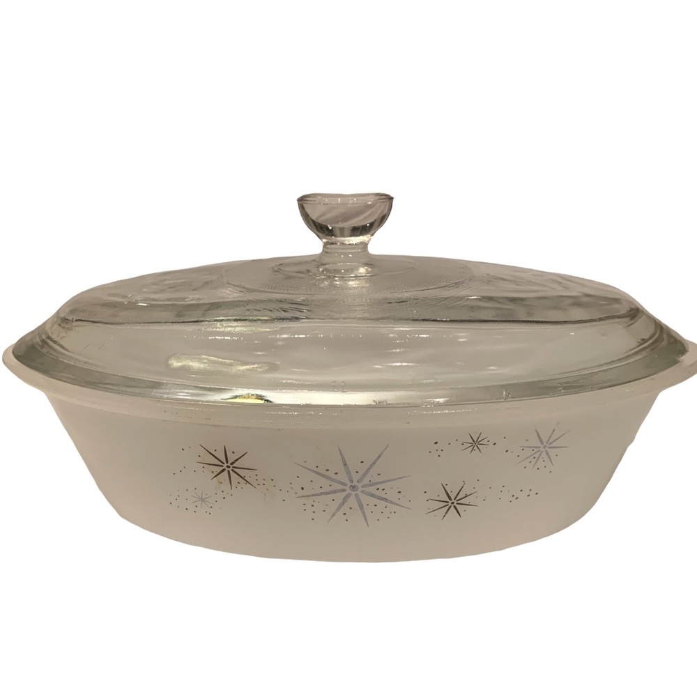 Glasbake Atomic Starburst MCM  milk glass casserole dish with lid. 1 qt